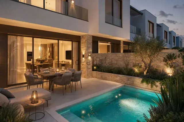 Piscina privada e sala de jantar exterior à noite